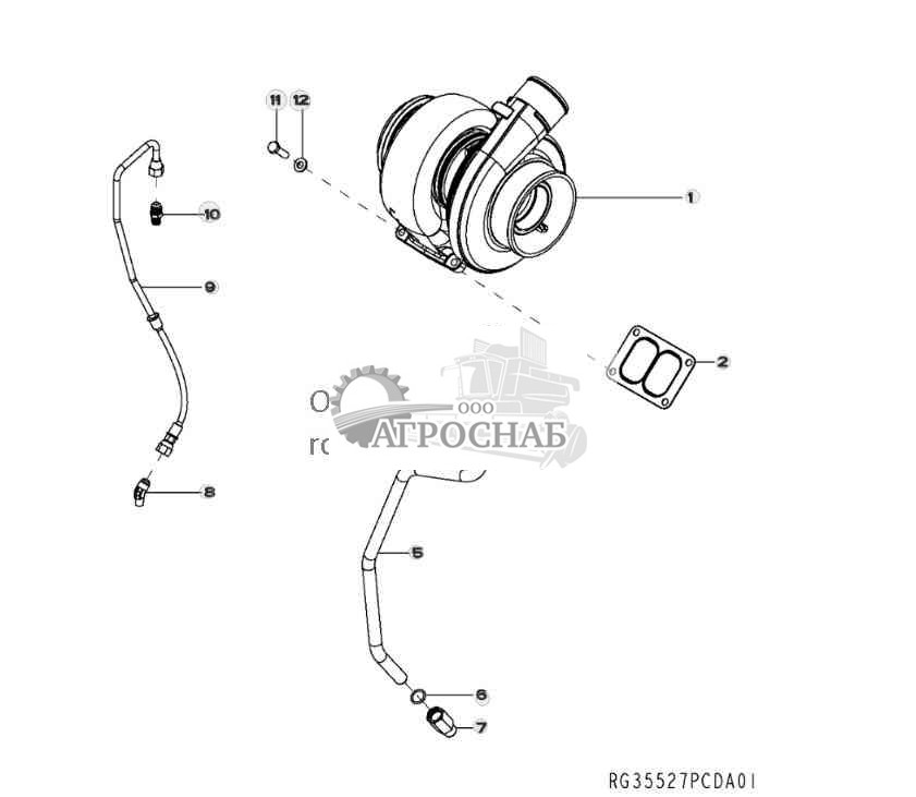 6520 Turbocharger and Oil Lines 